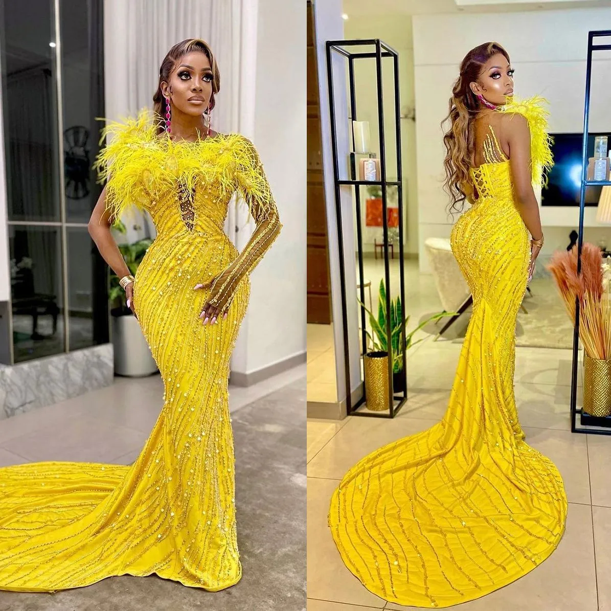 Fashion Sequins Yellow Mermaid Wedding Dresses One Shoulder Feather Bridal Clown Enkla formella festkl￤nningar