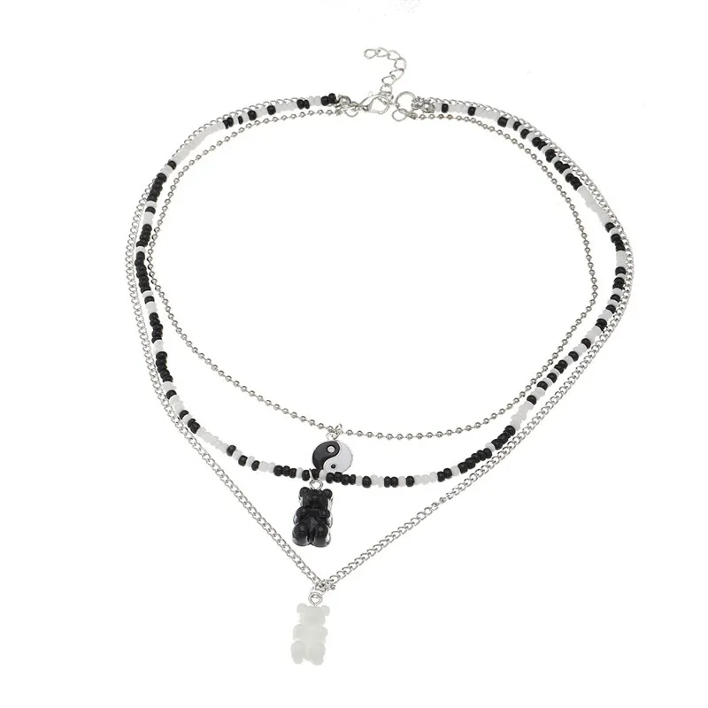 Mode noir blanc perles multi-couches pendentif rond collier pour femmes mignon ours collier Boho bijoux