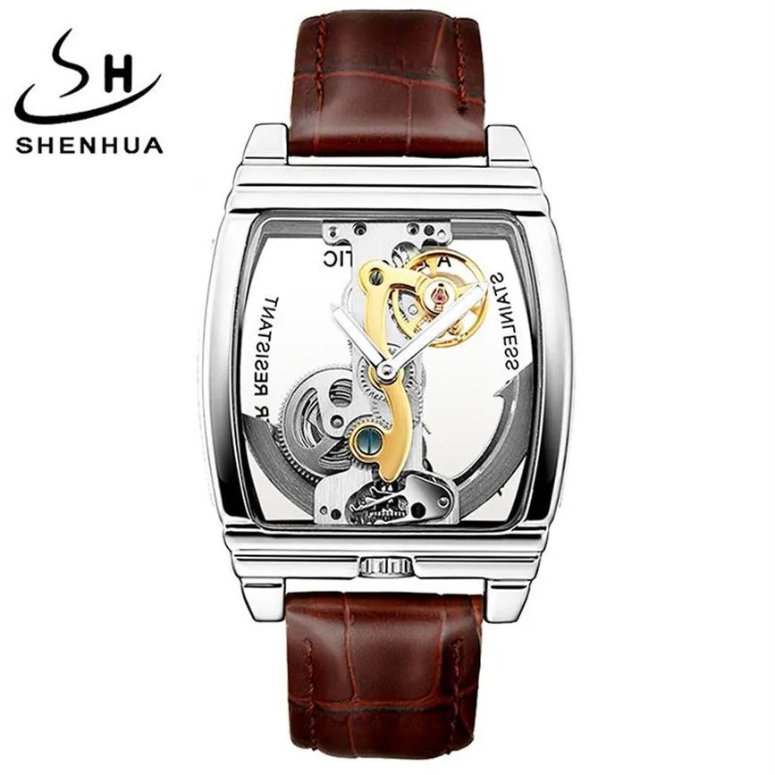 SHENHUA Turbillon Mens Watches Luxury Automatic Mechanical Wristwatch Genuine Leather Belt Transparent Skeleton Male Gold Clock244H