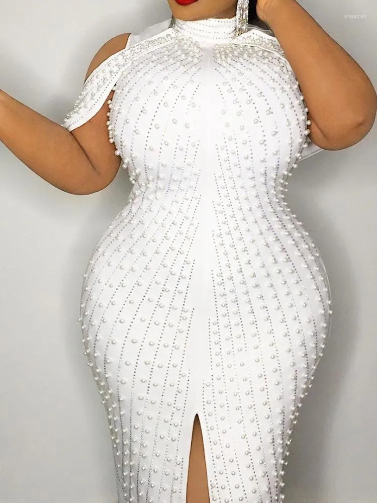 Casual Dresses Big Size White Beading Party Dress Bodycon Sexy Mock Collar Off Shoulder Knee Length Spring Summer Birthday For Women
