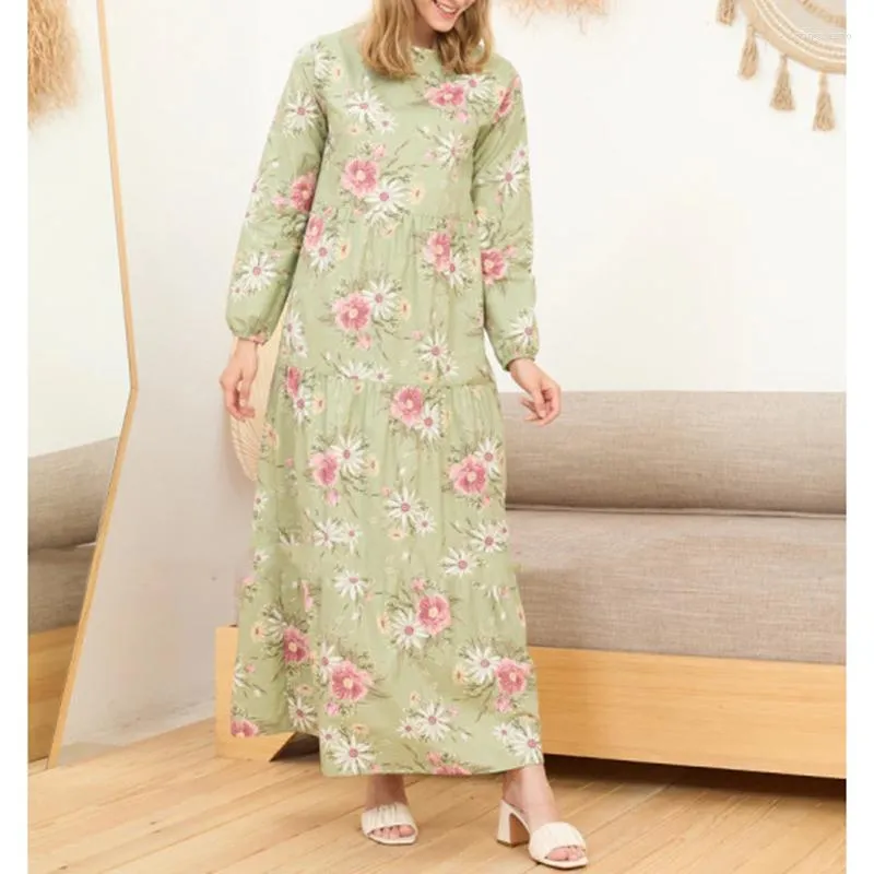 Ethnische Kleidung Frauen Mode muslimische Kleider Crew Hals Langer Bündel Ärmel Patchwork Swing Maxi Kleid Blumengewandskleid 2022 Ramadan Eid