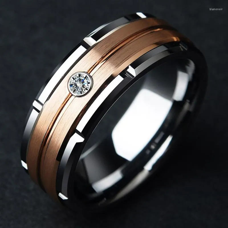 Pierłdy ślubne moda 8 mm męskie podwójne groove stalowy pierścień Rose Gold kolor szczotkowany wkładki cyrkon dar biżuterii
