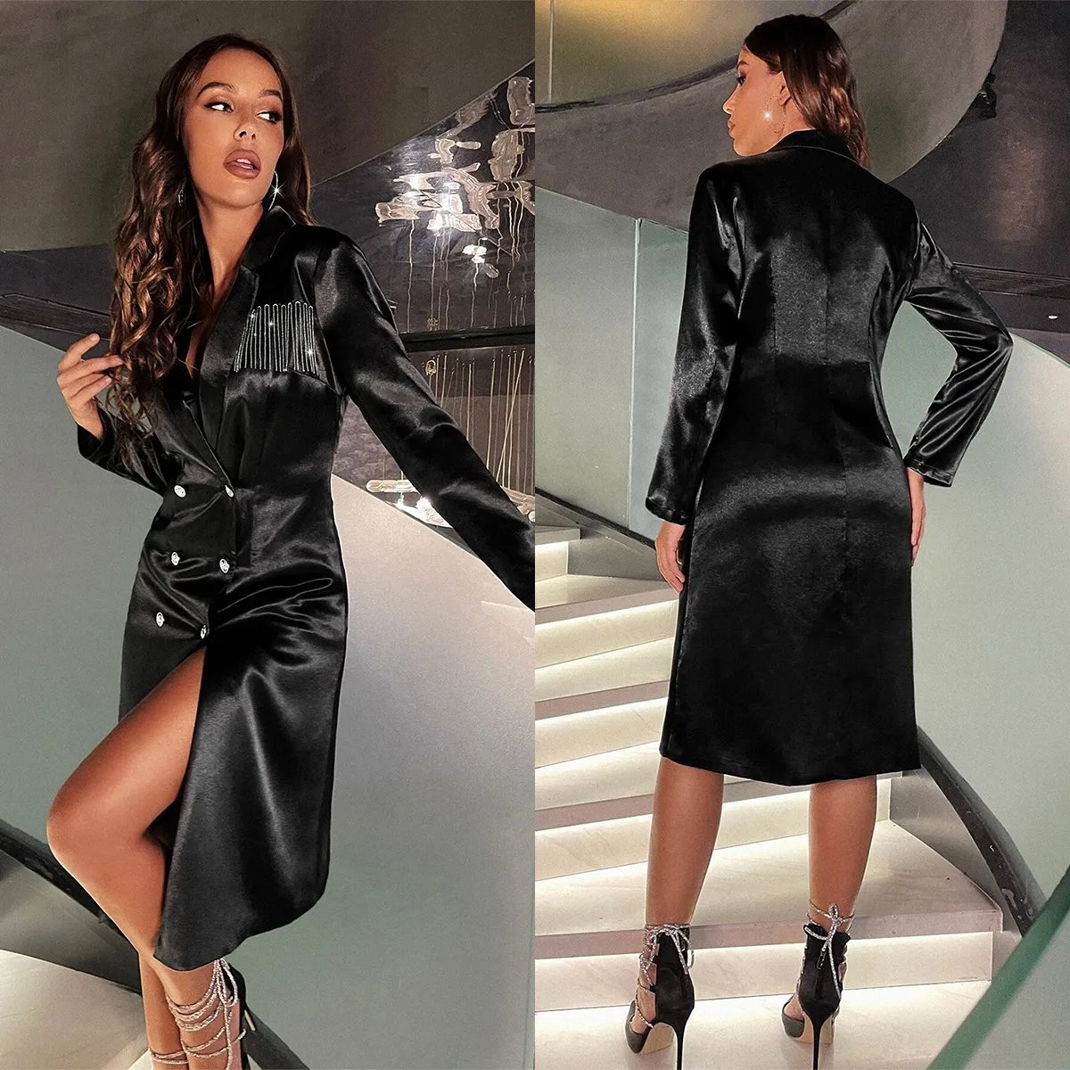 Black Suit Double Breasted Women Blazer New Spring Long Sleeve Jacket Elegant Formal Office Ladies Party Evening Wear One Piece