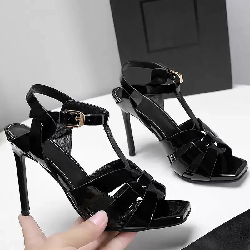 tacchi di alta qualità sandali da donna moda tacco a spillo tacco alto in vera pelle scarpe da festa cinturino a T fibbia adesiva scarpe da donna sandalo di design di lusso
