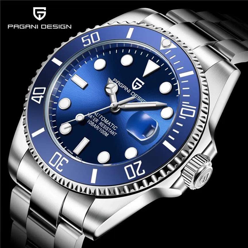 Pagani Design Marke Luxury Dive Uhren Automatische mechanische Bewegung Blue Ceramic Beat Watch Männer Edelstahl wasserdichte WRIS294W