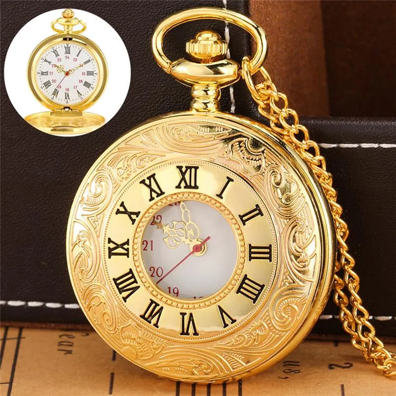 Exquis luxe jaune or montre de poche Vintage sculpture numéro romain boîtier Quartz affichage analogique collier chaîne horloge Reloj Gift2594