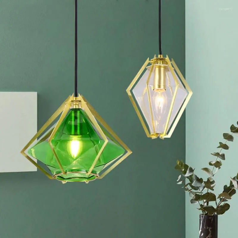 Lâmpadas pendentes Post Glass Modern Green/Clear Gold Iron Lampshade Luzes de diamante para sala de jantar iluminação de quarto