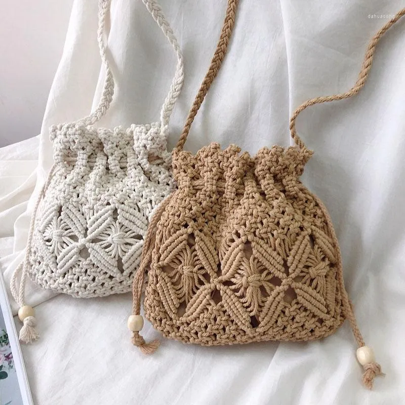 Evening Bags Knitted Drawstring Shoulder Bag For Women Woven Crossbody Linen Hollow Bucket Ladies Vacation Beach