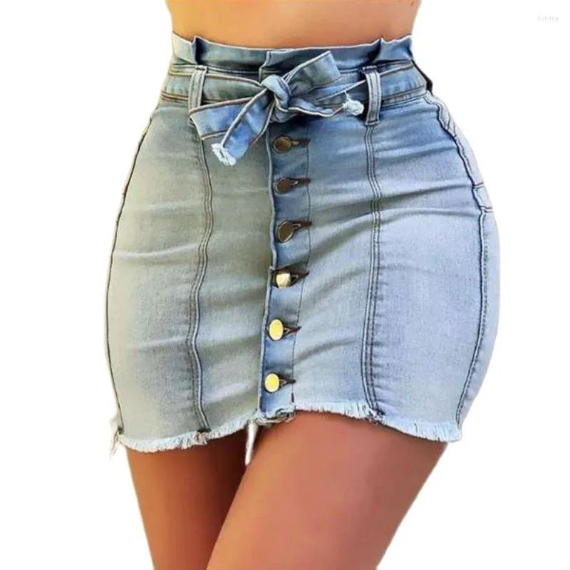 Saias 2023 Primavera Mulheres Verão Cintura Alta Gravata Denim Saia Curta Moda Sexy Stretch Jeans Pack Hip Mini S-2XL Drop Ship