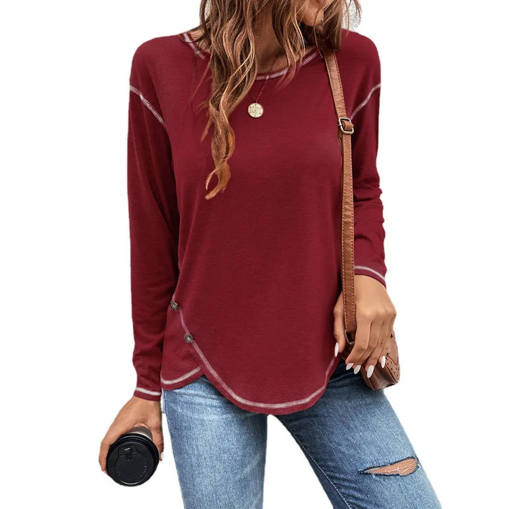 Kvinnors skjortor Fashion Solid Color Loose Binding Button Oregelbunden T-shirt Långärmad blusar Plus Size S-5XL