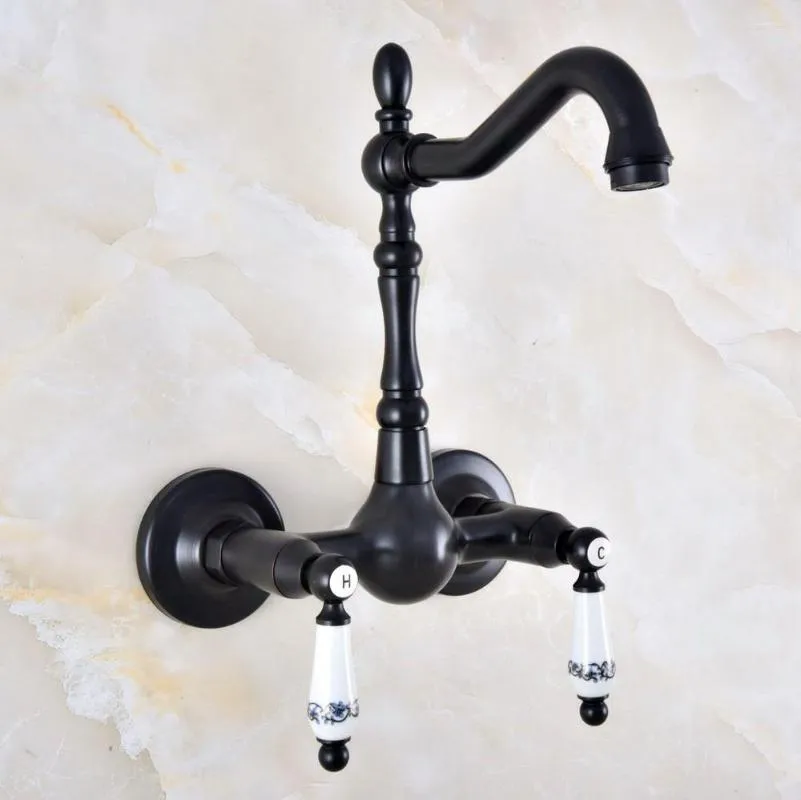 Bathroom Sink Faucets Black Finish Brass Double Handle Dual Hole Wall Mount Basin Faucet Kitchen Cold And Water Mixer Tap Dnf865