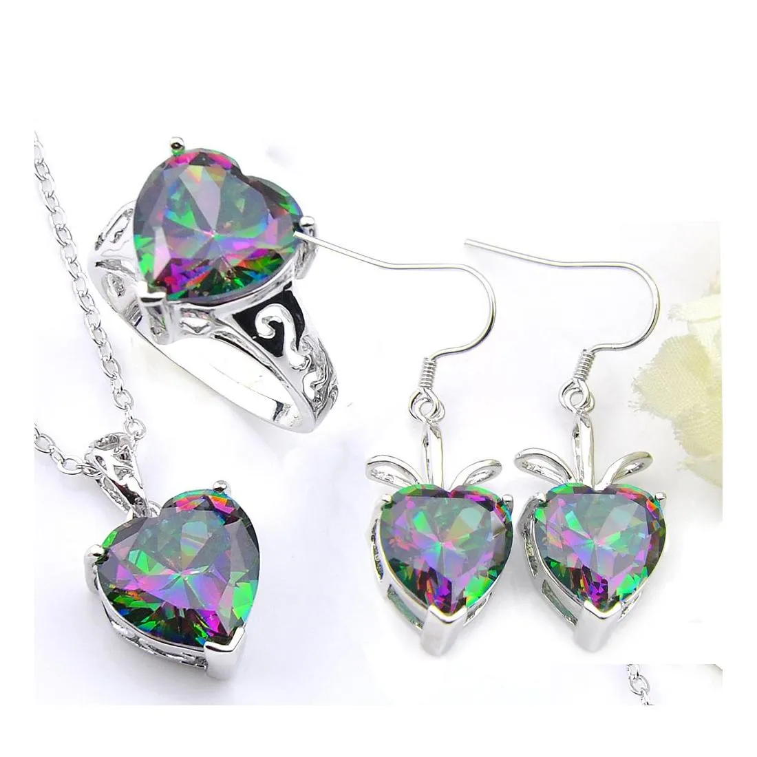 مجوهرات أخرى مجموعات Luckyshine Valentines Gift Fire Rainbow Heart Mystic Topaz 925 Sterling Sier Rings Pendants مجموعة Wome DHCQX