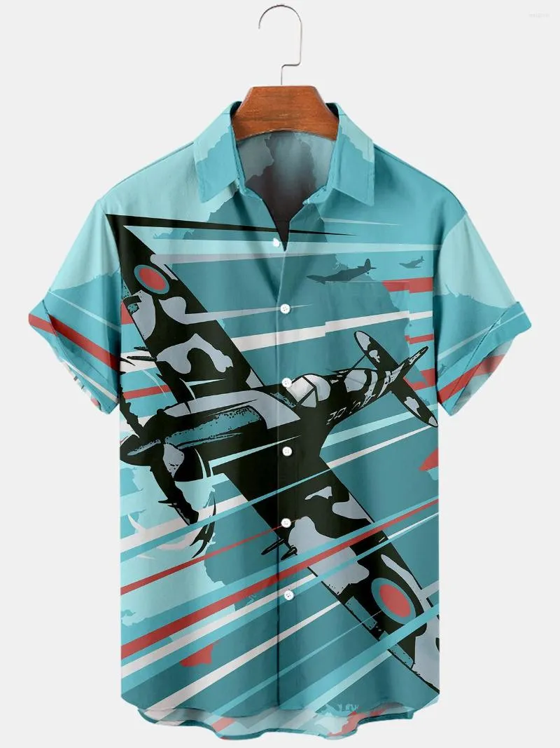 Men's Casual Shirts 2022 Men's Trend Harajuku Spring/Summer Airplane Pattern Shirt Short Sleeve Chest Pocket Design Fashion Print