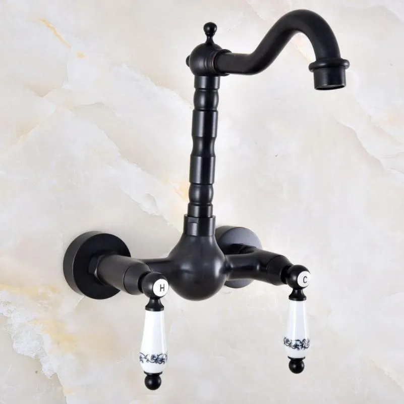 Rubinetti per lavandino del bagno Doppia maniglia Rubinetto per lavabo a doppio foro per montaggio a parete Rubinetto per lavabo girevole a 360 gradi Miscelatore per cucina fredda e acqua Ottone Nero Dnf860