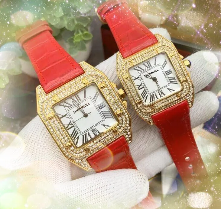 Luxury Square Roman Dial Watches Män och kvinnor importerade kvartsrörelse Diamonds Ring Case äkta läderbälte Super Bright Popular Fashion Gold Armband Watch