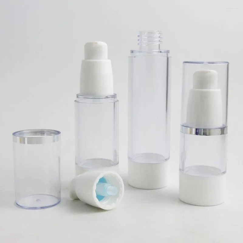 Garrafas de armazenamento 10 x 15ml 30ml 50ml Viagem Clear plástico sem ar garrafa de bomba branca com embalagem de loção de tampa de ponta prateada