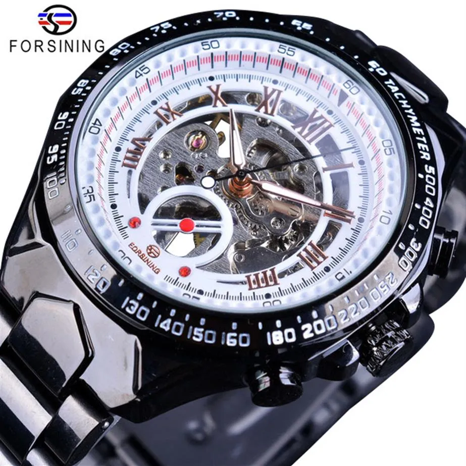 Forsining Top Brand Luxury Men Reloj automático de negocios Negro Esqueleto de acero inoxidable Diseño de trabajo abierto Racing Sport Reloj de pulsera SL280Z