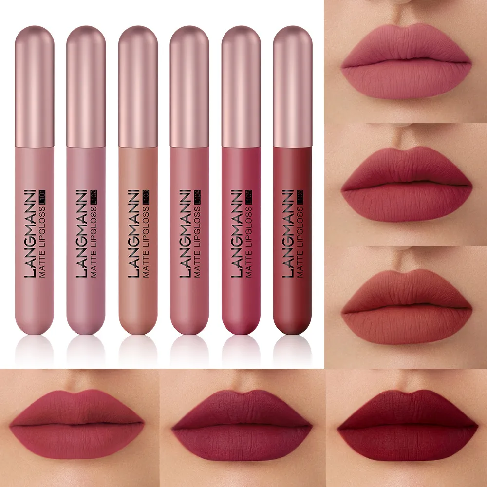 6PSC Lipstick Lipgloss Set Matte Lip Cosmetics Långvarig vattentät sammet flytande läppstift vattentäta sexiga modeläppar smink