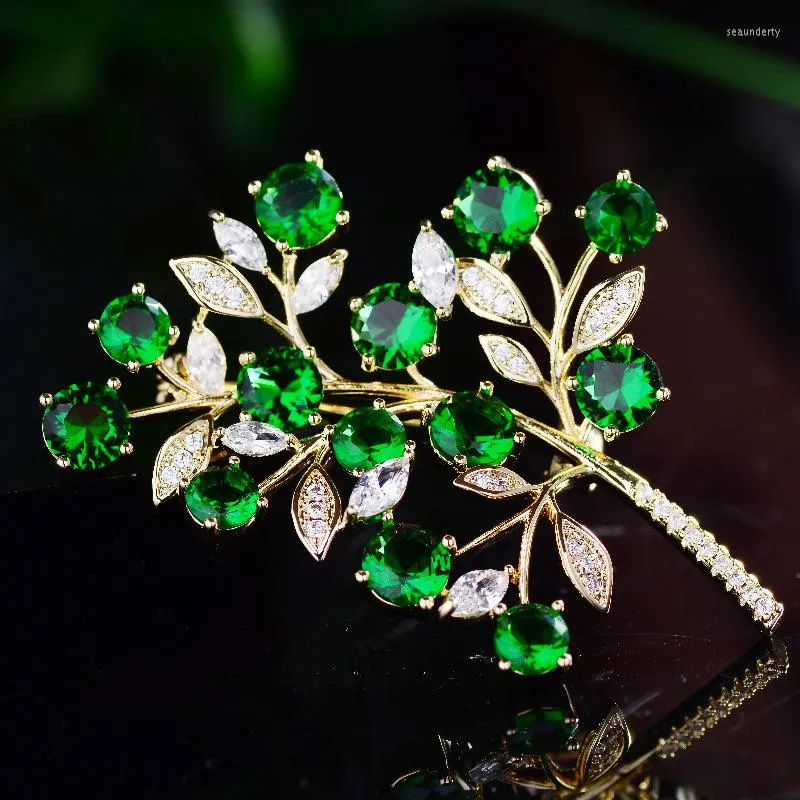 Broches bijoux coréens Imitation émeraude branche Zircon élégant mode plante arbre OL femmes vêtements broche épingle Corsage Accessori