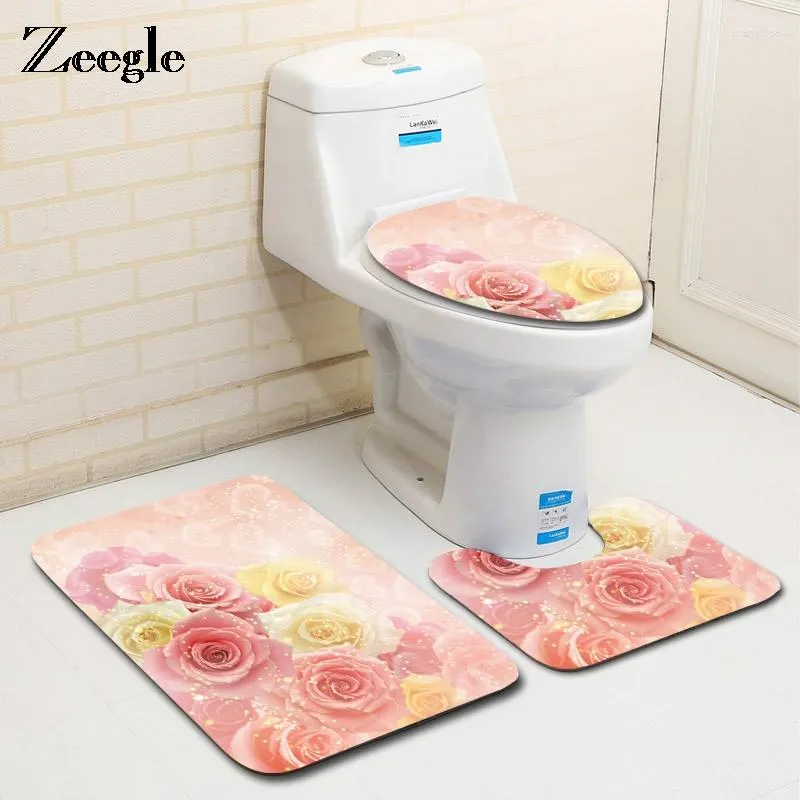 Maty do kąpieli Zeegle 3PCS Rose Drukowana toaleta Zestaw toalety bez pośpiech