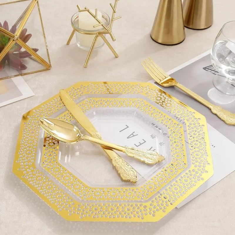 50pcs Assiettes de fête en papier en or blanc, 9 pouces Vaisselle en papier  jetable Assiettes de vaisselle Fournitures de fête pour l'anniversaire