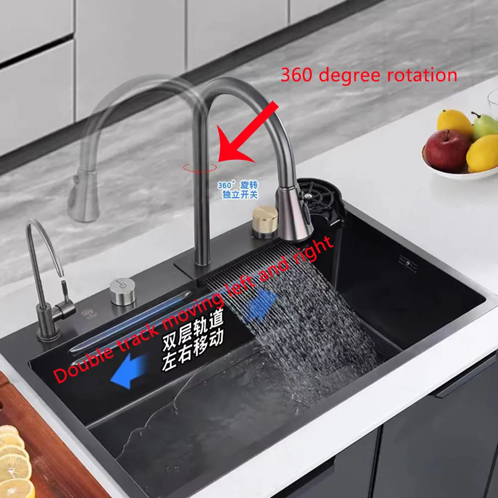 Waterfall Sink Kitchen Stainless Steel Topmount Sink Black Nano Wash Basin Single Sink creative Stainless Steel Kitchen Sinks