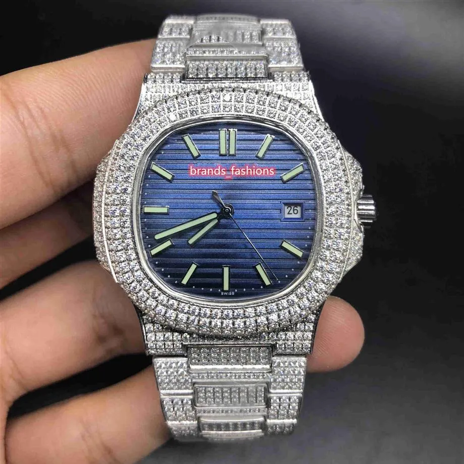 Unieke en glamoureuze heren diamanten horloge zilveren roestvrijstalen shell kijken blauwe gezicht diamantriem automatisch mechanisch wris208p