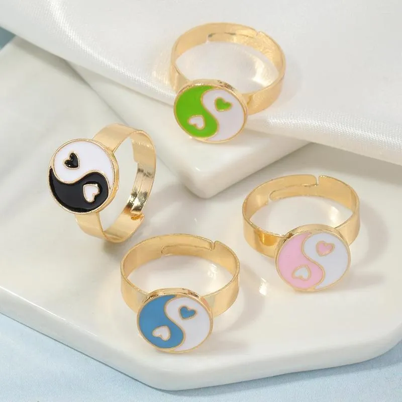 Anelli di nozze Alla moda Yin Yang Bagua Smalto per le donne Colore oro Carino Geometria rotonda Robusto metallo regolabile Gioielli Regalo del partito