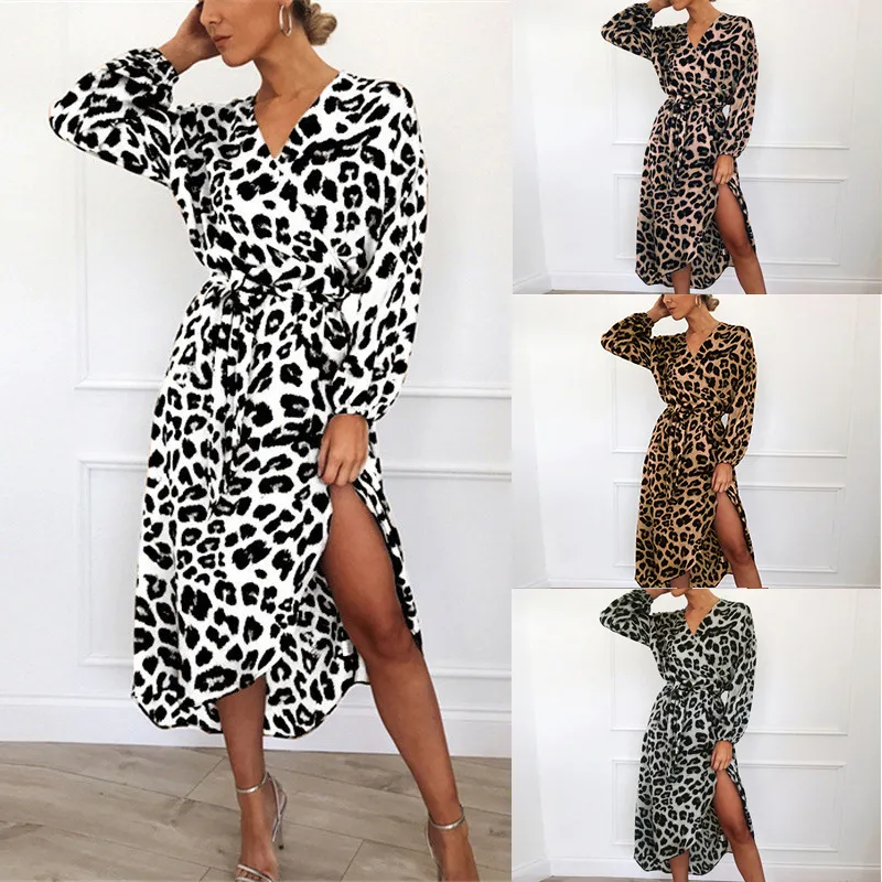 Autumn New Women's Dress Leopard Print V-neck High Waist Lace-up Irregular Dress