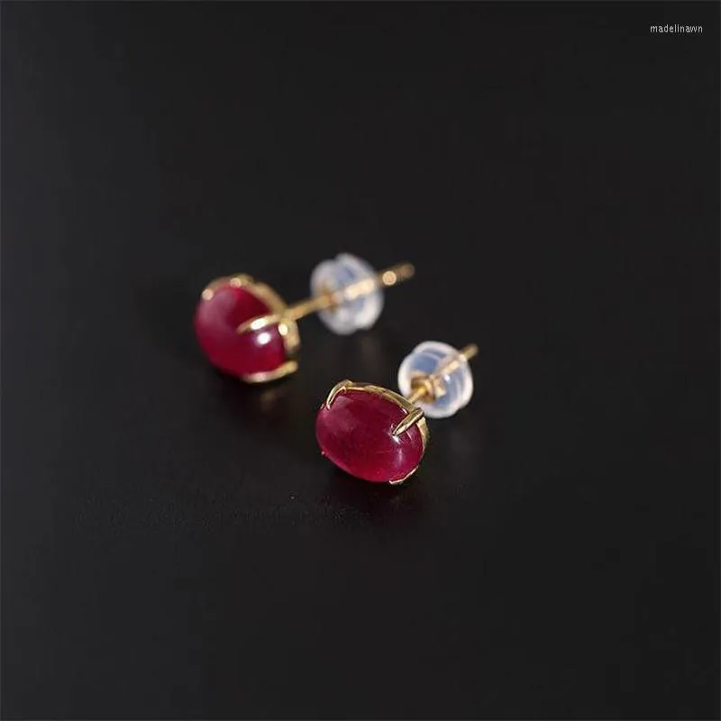 Stud Earrings Design Silver Half Inlaid Four Prong Oval Ruby For Women Fashion Simple Charm Wedding Engagement Jewelry Gift