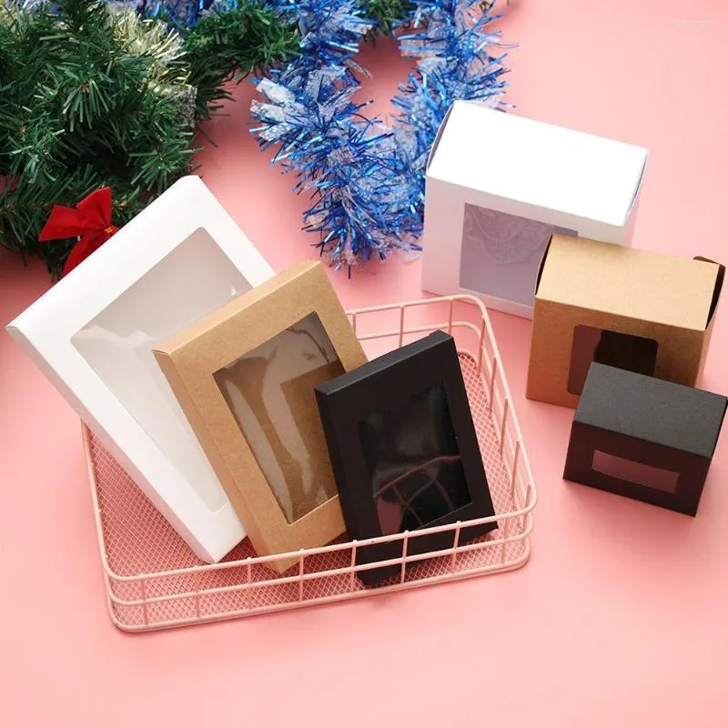 Gift Wrap 10Pcs DIY Vintage Color Kraft Paper Box Cake Package With Clear PVC Window Candy Wrapping Bag Wedding Birthday