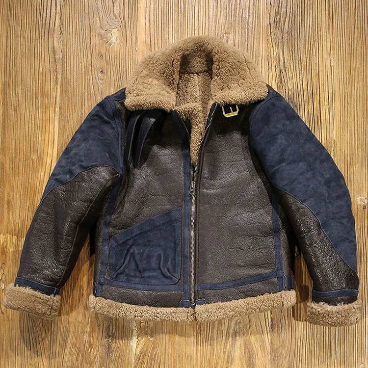 Mens Dark Blue Genuine Sheepskin Leather Flight Jacket With Double