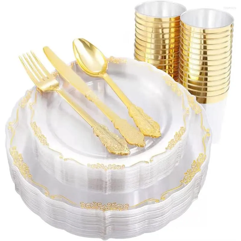 Disposable Flatware Cutlery Golden Plastic Dinner Plate Dessert With Cup Birthday Wedding Party Supplies 10 PPeople Set