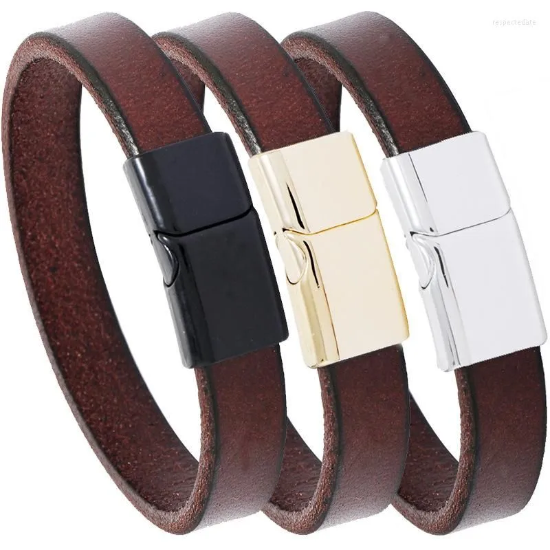 Bangle QiLuxy Punk Leather For Men Dark Brown Bracelets Alloy Magnetic Buckle Connector