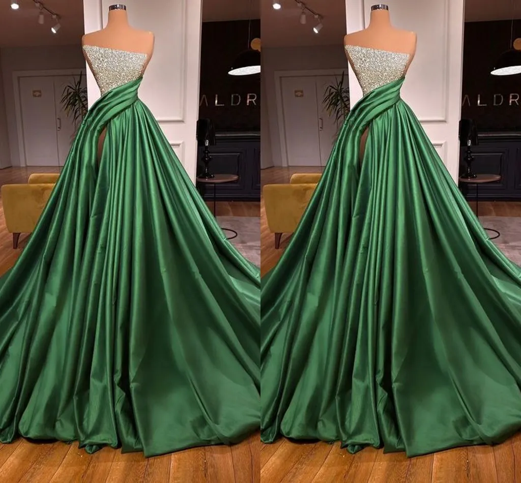 우아한 짙은 녹색 라인 이브닝 드레스 바닥 길이 새틴 스팽글 하이 프론트 스플릿 저녁 공식 파티 두 번째 리셉션 생일 대회 드레스 댄스 파티 가운