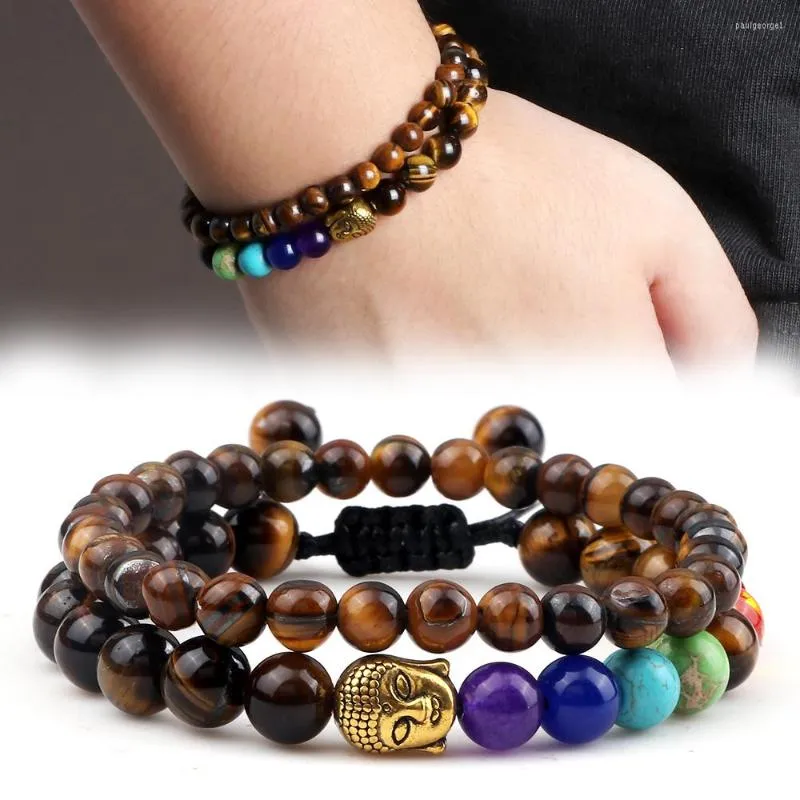 Strand 2Pcs/Set 7 Chakra Buddha Head Bracelets&Bangles Natural Black Lava Tiger Eye Onyx Stone Bracelet Men Women Couple Jewelry