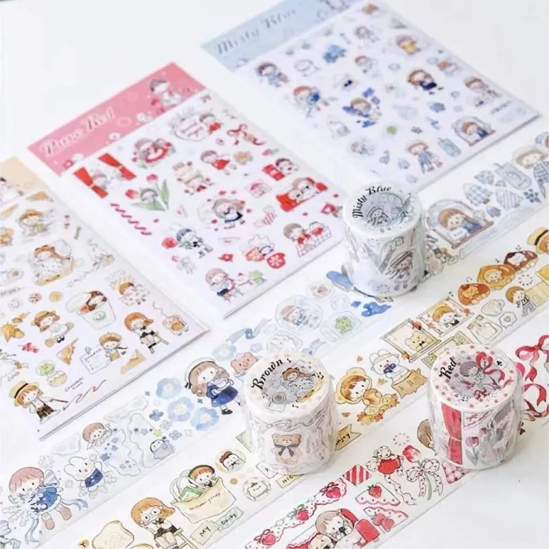 Gift Wrap Lovely Brown Red Blue Cartoon Girl Washi Tape Diy Scrapbooking Decorative Sticker