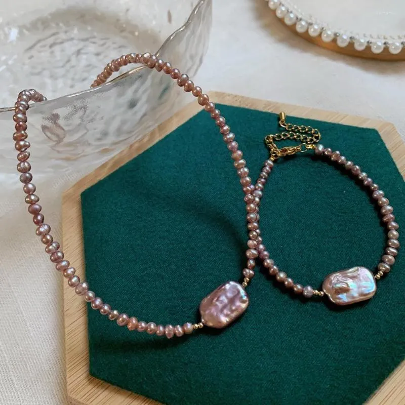 Kolczyki naszyjne Zestaw Prawdziwy naturalny słodkowodny Pearl Choker Biżuter Purple Nieregularny kwadratowy barokowy urok Bracelets Prezenty ślubne