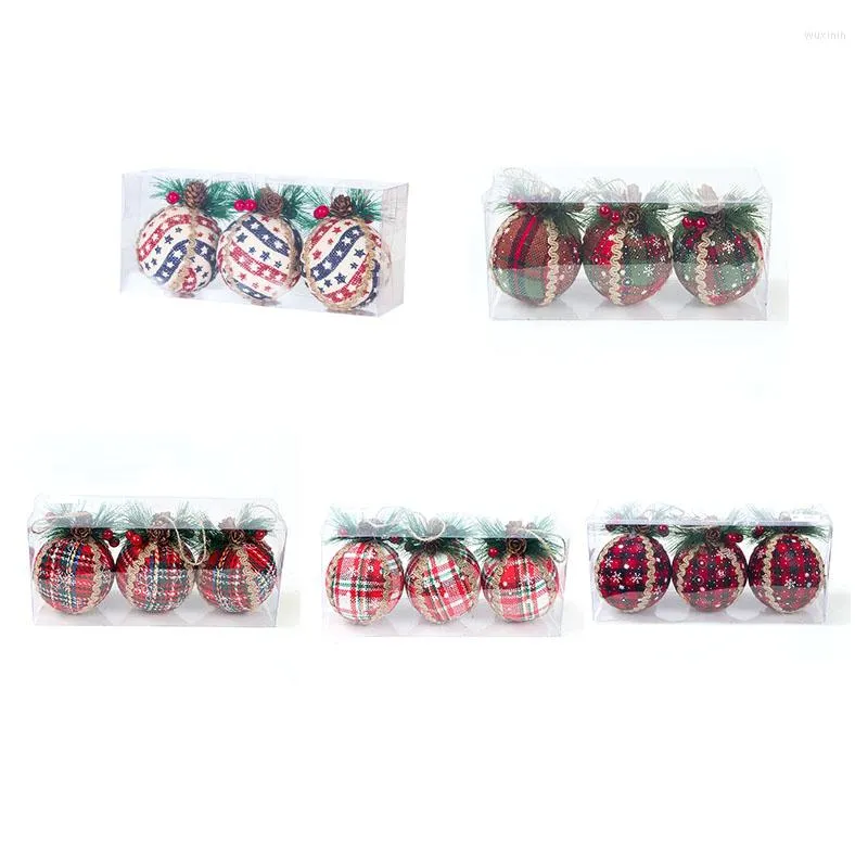 Juldekorationer 3st Red Plaid m￥lade bollar tr￤d ornament present pvc boll h￤ngande semesterfest dekor h￤nge hem