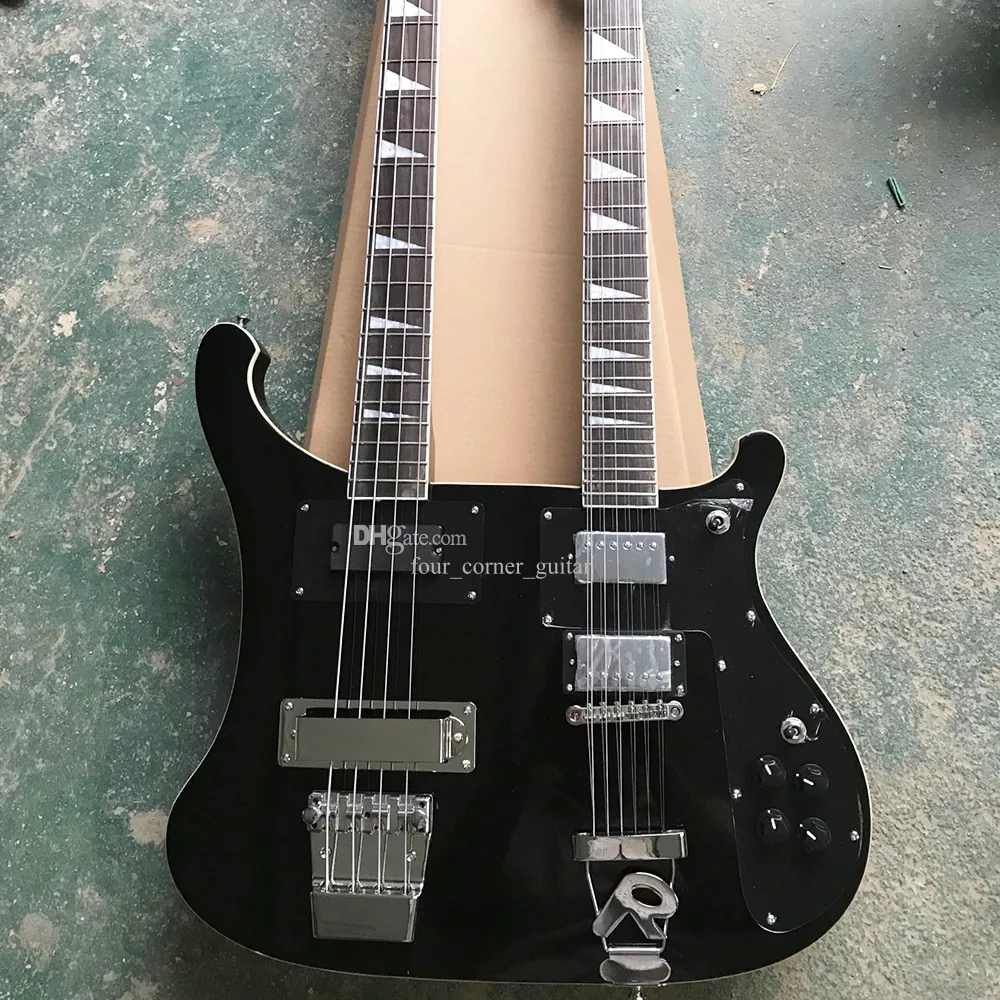 Black Double Necks Electric Bass Guitar med svart pickguard Rosewood Fretboard 4 och 12 strängar anpassningsbara