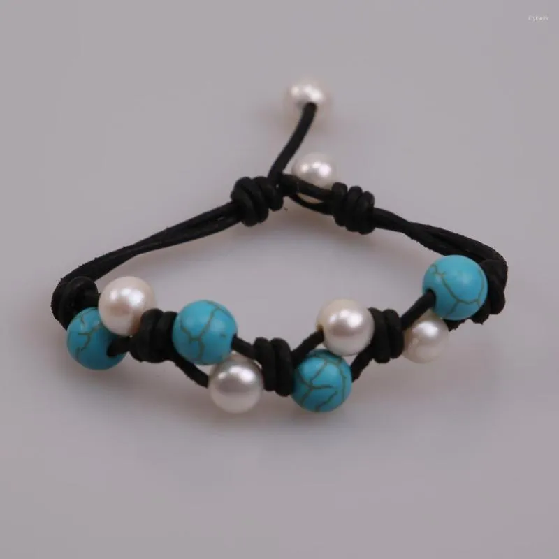 Strand Pearls For Women Handmade Blue Stones Leather Bangles White Freshwater Cultured Bracelet Gril