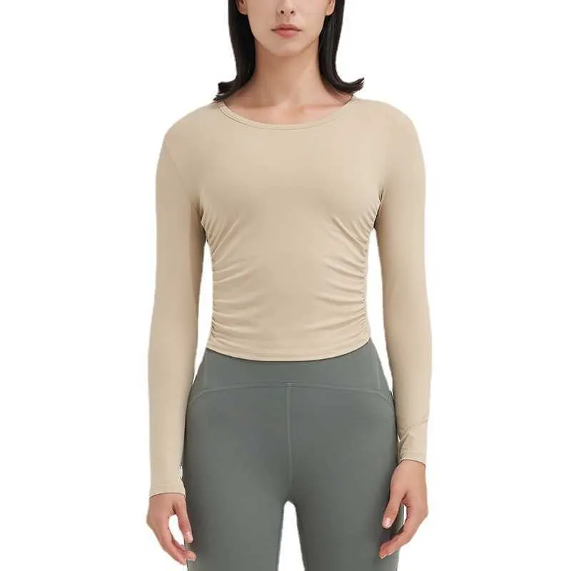 LU-47 Sport-Langarm-Yoga-Top für Damen, Unterwäsche, Fitness, Fitnessstudio, Kleidung, dünne Falten, Laufen, Pilates, Sport-Shirts