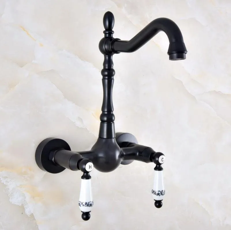 Grifos de lavabo para baño, grifo de lavabo, manija de doble palanca, montaje en pared de doble orificio, giratorio, cocina, grifo mezclador y frío, latón negro Dnf861