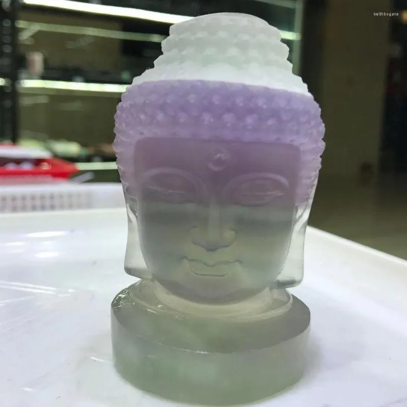 Dekoracyjne figurki 8 cm naturalny fluoryt kryształ rzeźbiony Buddha rzeźba ludowe sztuka sztuki ręczne buddyjskie kolekcjonerskie Chiński dom