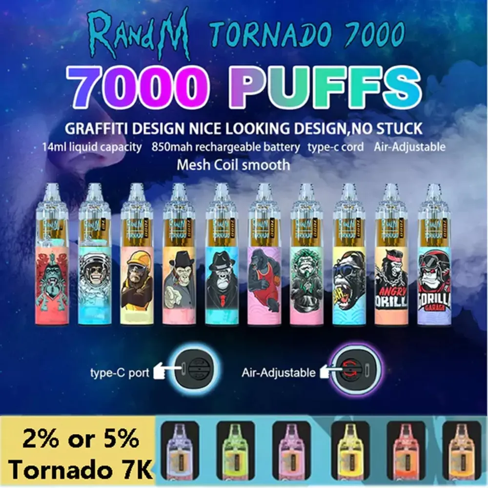 Randm Tornado Vaps 7000 Puff 0% Vape Cigarros Eletrônicos Disponível Deschável 2% 3% 5% 14ML POD com Baixa recarregável de controle de malha de malha Bateria recarregável