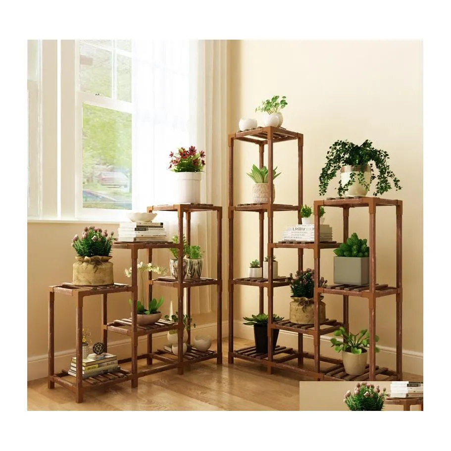 Ensembles de jardin Étagère à fleurs en bois massif Succent Mtilayer Intérieur Balcon Stockage Salon Floortoceiling Interface Flower Pot Rack Dr Dhpno