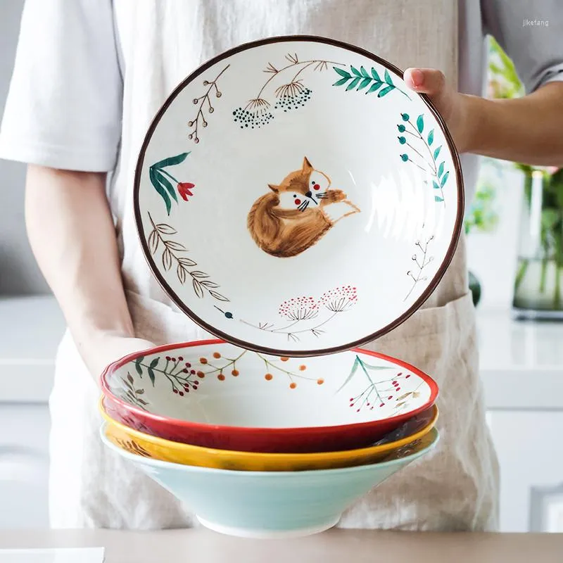 Bowls 8 Inch Ceramic Noodle Bowl Forest Animal Design Large Soup Creative Restaurant Household Flower Salad Dinnerware