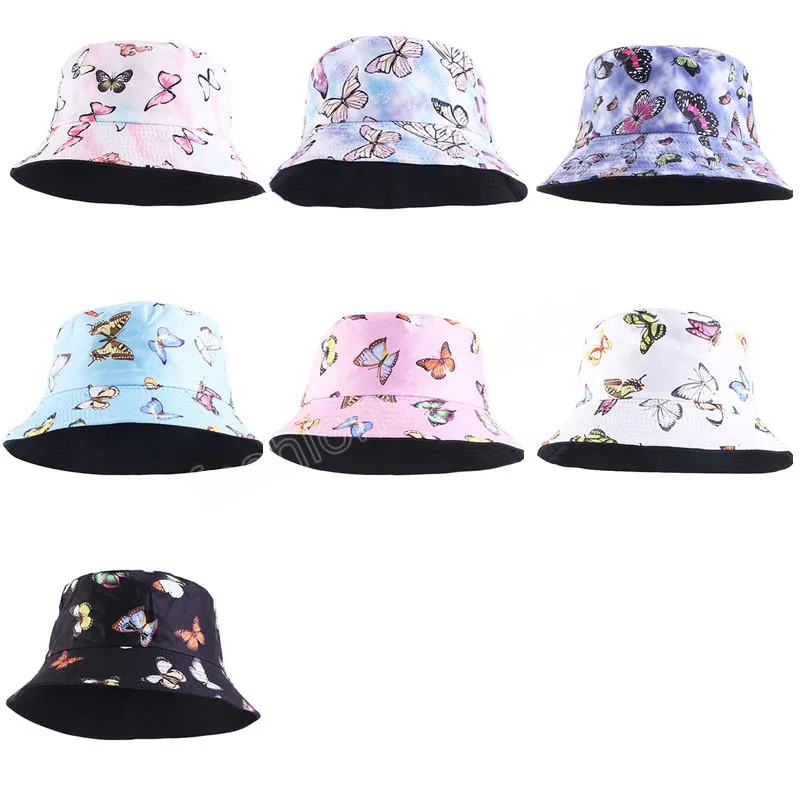 Unisex hink hattar tie-dye fjäril tryck fiskare hatt män kvinnor utomhus hip hop hink hatt hatt solskyddsmedel kvinnlig solhatt bob hattar