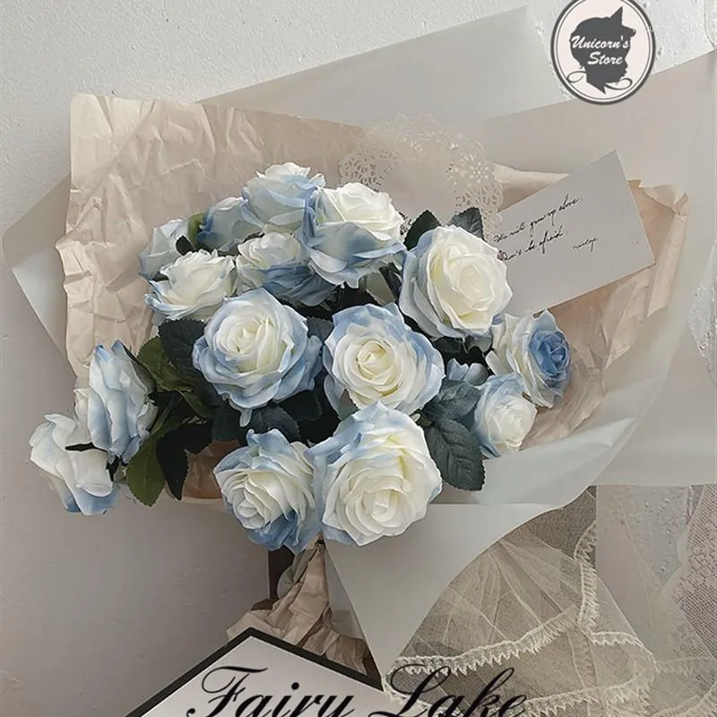 장식용 꽃 시뮬레이션 보습 터치 으스스한 얼음 블루 로즈 발렌타인 데이 홈 장식 장미