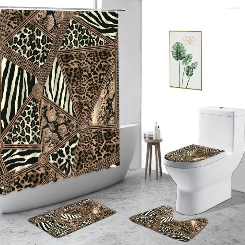 Shower Curtains Coffee Color Leopard Print Waterproof Geometric Design Bathroom 4Pcs Bath Mat Toilet Cover Carpet Curtain Decor